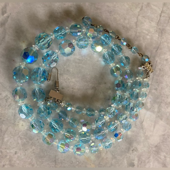 Vintage BLUE AB Crystal 2 strand Necklace 16” or less GORGEOUS or Upcycle beads - Picture 7 of 9